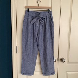 Zara Cropped Linen Blend Chambray Pants Elastic Waist with Tie Size Large